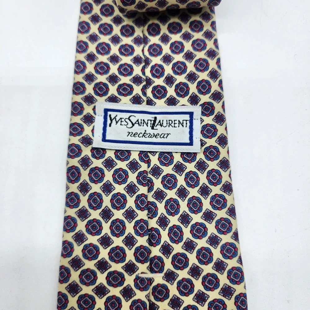 Yves Saint Laurent Neckwear Mens Necktie Yellow Red Geometric Medallion Silk
